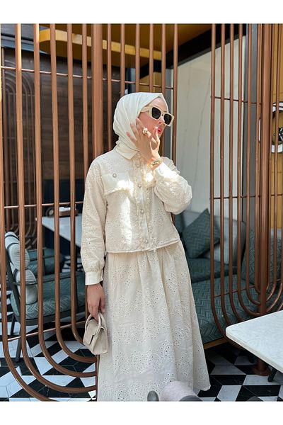PİNK FLY Embroidery Lace Pearl Shirt and Skirt Long Hijab Women's Set - Cream