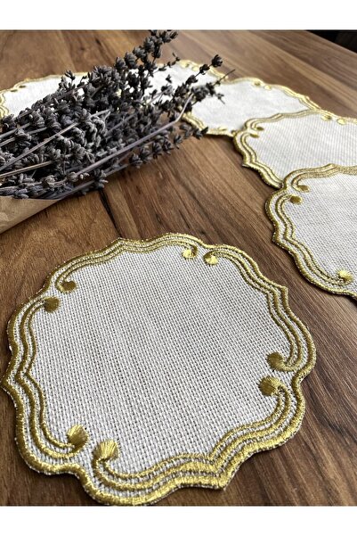 NURHAN HOME COLLECTION 6 Adet Curly Modeli Gold Renk Nakışlı Kahve Yanı Kokteyl Sunum Peçete