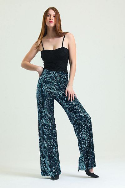 Sense Elastic Wide Leg Sequined Evening Trousers |   Pnt33970 Black-Turquoise