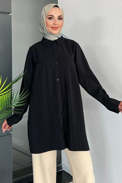jldkids Γυναικείο πουκάμισο Hijab - Μαύρο, Πλισέ Μπροστινό Σχέδιο