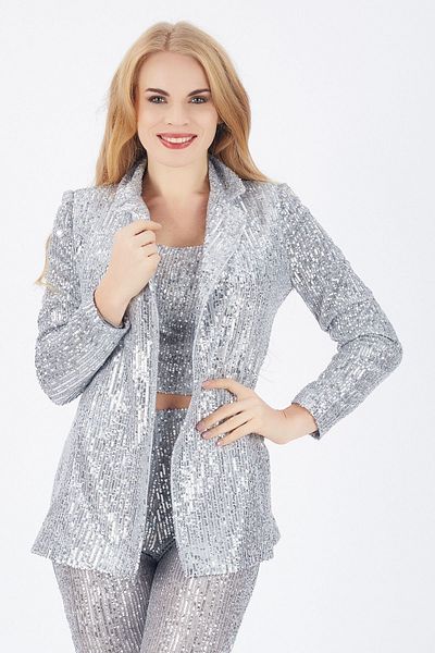 Sense Lined Sequined Evening Dress Jacket Gray