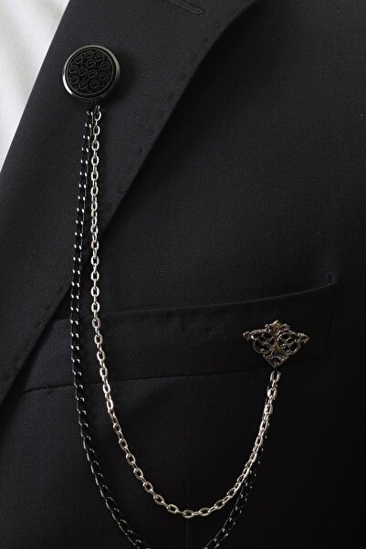 Esgue Siyah Yaprak Desenli Zincirli Ceket Yaka & Gömlek Düğme Broşu