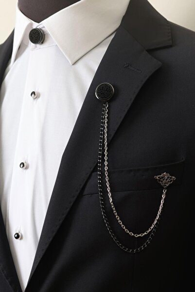 Esgue Siyah Yaprak Desenli Zincirli Ceket Yaka & Gömlek Düğme Broşu