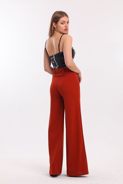 Sense Flared Leg Scuba Crepe Trousers with Fabric Covering Belt on the Sides |   Pnt33393 Crimson