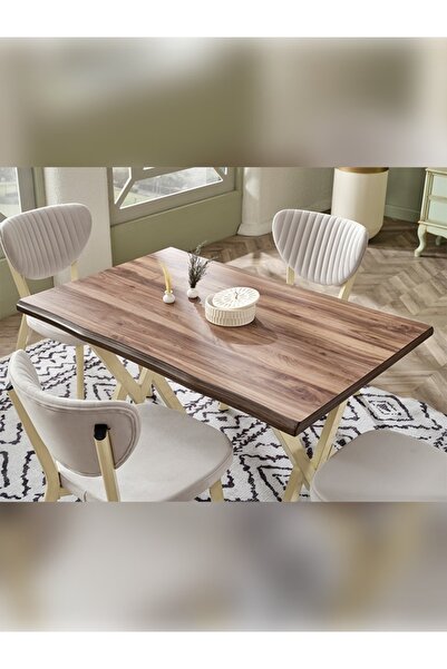 Murat Sandalye İkon Serisi,80x120 Kütük Ceviz Mutfak Masası Takımı Metal Siyak Ayak 4 Krem Sandalye