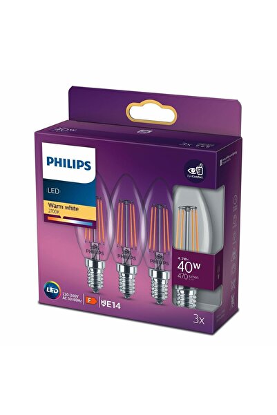Philips Fılament 40w E14 Ince Duylu Mum Ampul Sarı Işık 3lü