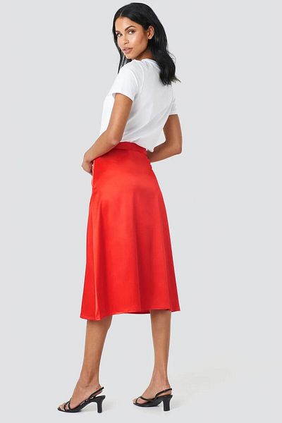 afeta Red Satin Midi Skirt