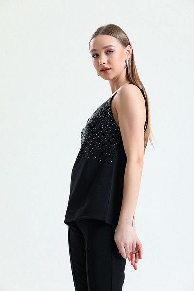 Sense Scuba Crepe Short Blouse with Stones on the Front |   Blz34466 Black