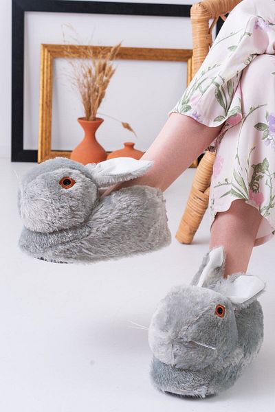 Slipcat Mâneci de pluș gri cu figuri de iepure Papuci de casă Unisex