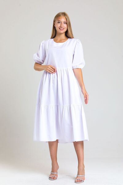 Sense Κοντομάνικο μανίκι με ελαστικό βολάν casual φόρεμα |   Elb34255 Λευκό