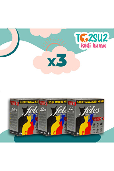 FELES Tozsuz Kedi Kumu 3 Adet Kutu (TAMAMEN DOĞAL , AKTİF KARBONLU)