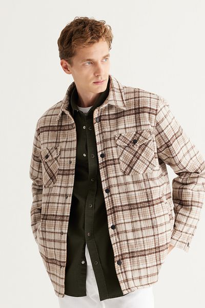 AC&Co / Altınyıldız Classics Μπεζ ανδρικό πουκάμισο - Standard Fit, Κλασικός γιακάς, Καρό Μπουφάν