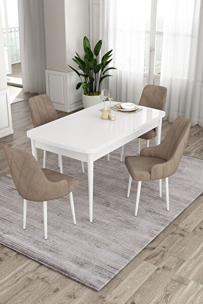 Canisa Concept Ram Serisi 80x132 Açılabilir Mutfak Masası Takımı Beyaz Masa 4...