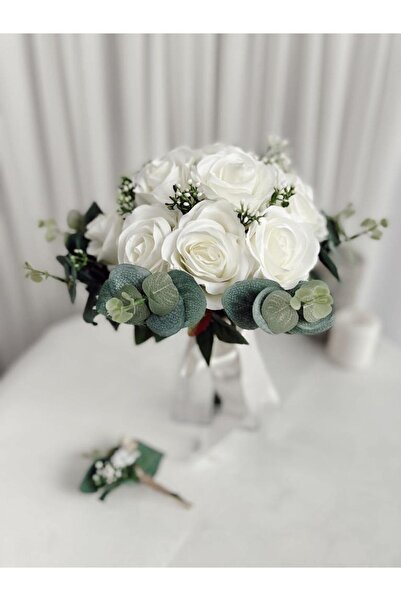 Paparti Yeni Sezon Okaliptuslu Beyaz Gül Gelin Çiçeği Gelin Buketi Ve Damat Y...