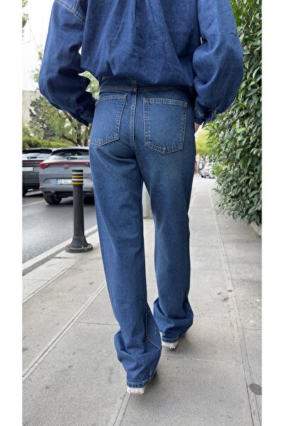 Estyle Fashion Blugi drepti albaștri cu detaliu în piatră