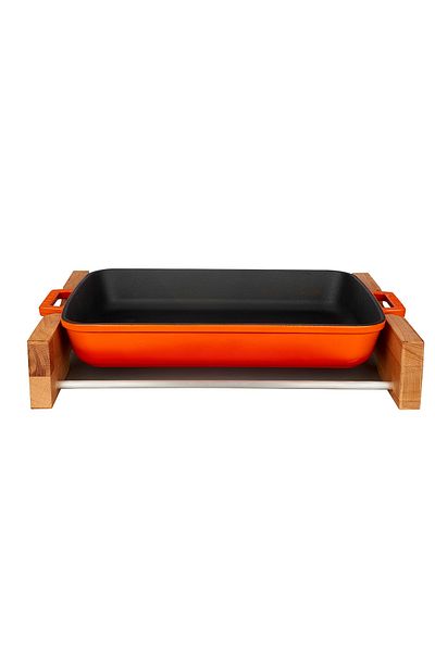 Lava Cast Rectangular Rosto and Baking Tray Beech Serving Wood Cast Iron Solid Double Handle Size