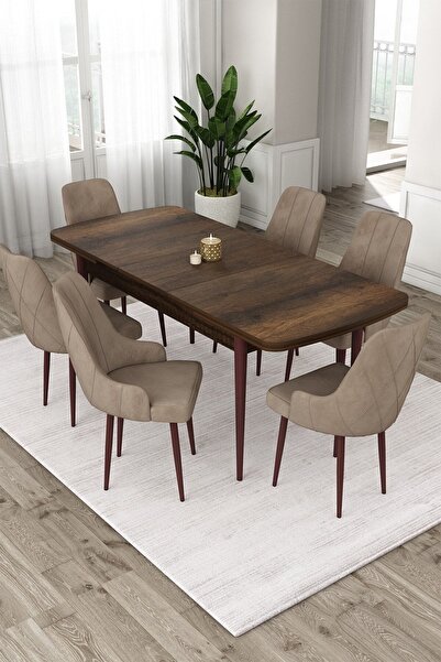 Canisa Ram Serisi 80x132 Açılabilir Mutfak Masası Takımı Barok Desen Masa 6 Cappucino Sandalye