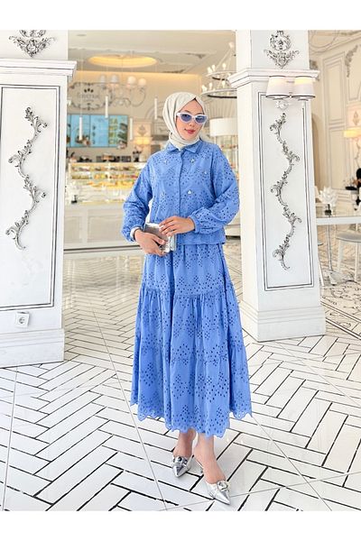 PİNK FLY Σετ Hijab Blue Scallop - Μακριά φούστα με πέτρινη λεπτομέρεια