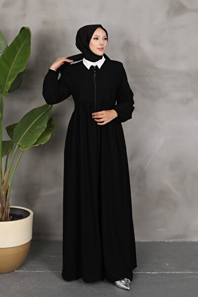 PİNK FLY Black Gathered Ferace - Rabia Crepe Fabric, Plus Size Hijab Clothing