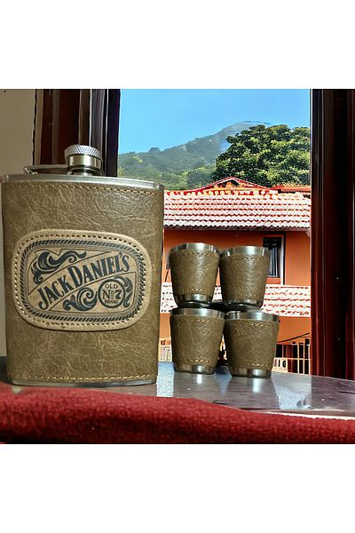STLIFE Stainless Steel Flask - Leather Covered, Gift for Lover, Shot Glass Flask