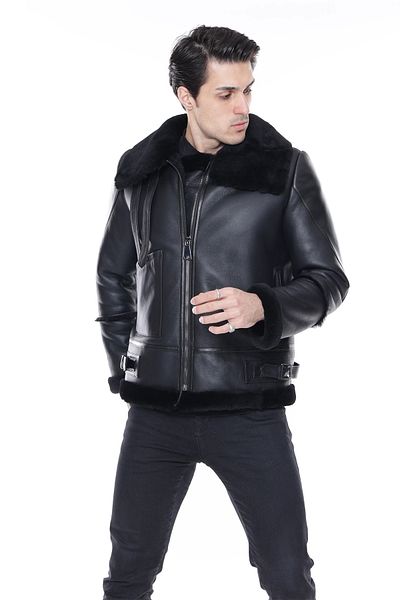 By Marki Marki Genuine Leather Men's Coat - Turtleneck, Black Fur, Zippered Oversize Model - 500422