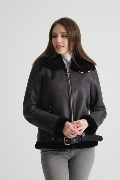 By Marki Marki Antrasit Hakiki Deri Kemerli Ceket, Kürk Iç, Balıkçı Yaka, Lük...