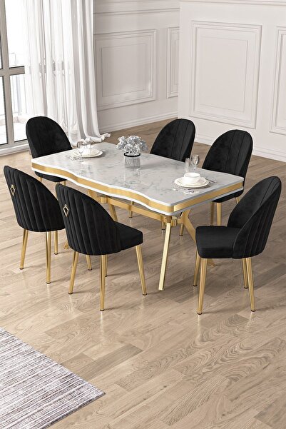 Canisa Pem Serisi 90x160 Lak Panel Beyaz Mermer Desen Gold Ayak Masa Takımı 6...