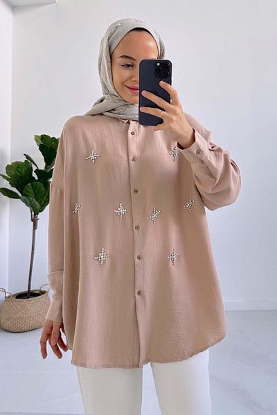 Ka Hijab Milk Coffee Star Stone Embroidered Modal Shirt