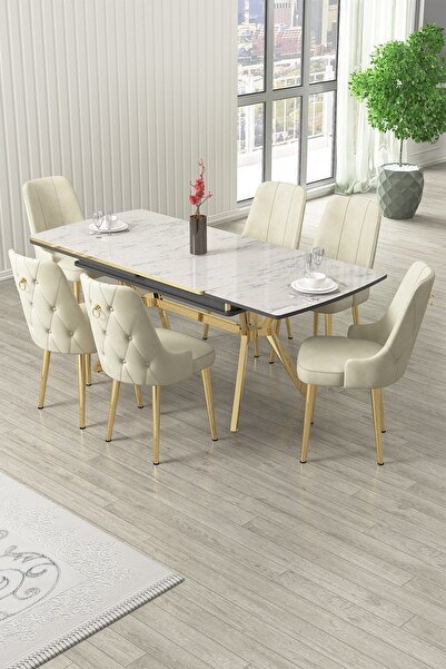 Canisa Nis Serisi 89x150 Açılabilir Lak Panel Beyaz Mermer Desen Masa Takımı 6 Krem Sandalye