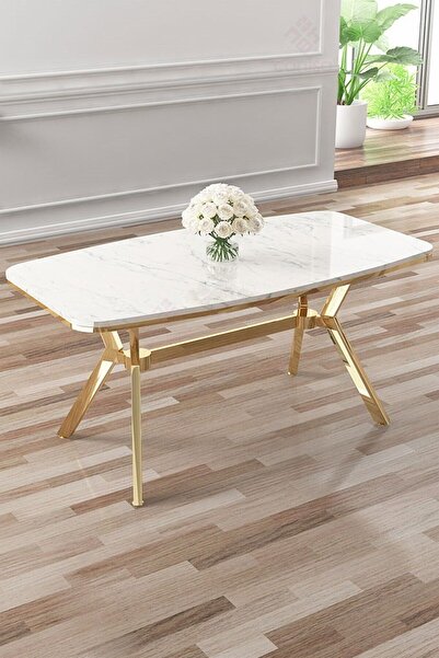 Canisa Lena Serisi 90x160 Lak Panel Beyaz Mermer Desen Gold Kaplama Ayaklı Masa Takımı ve 6 Gri Sandalye