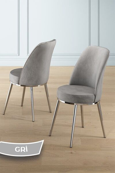 Canisa Prah Serisi 90x160 Lak Panel Beyaz Mermer Desen Krom Ayak Masa Takımı 6 Gri Sandalye