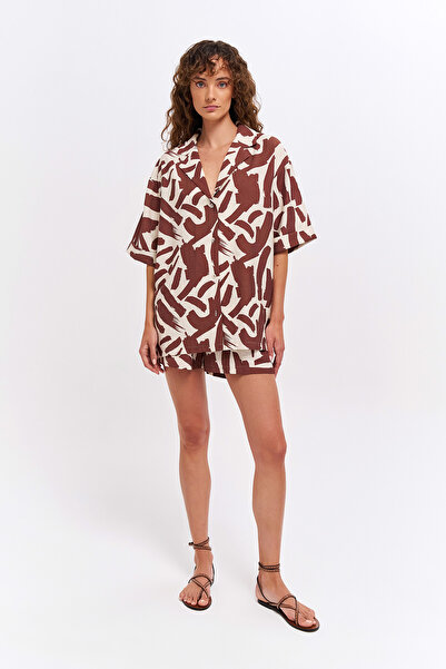Quzu Patterned Brown Shirt - Short Sleeve Detail