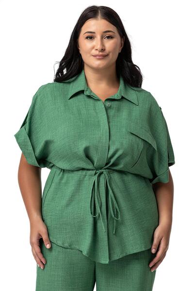 DISENTIS MODEST Green Plus Size Shirt and Trousers Set - Half Sleeve
