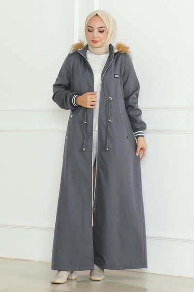 Modamihram Grauer gerippter Mantel – Taillenschnürung 19215