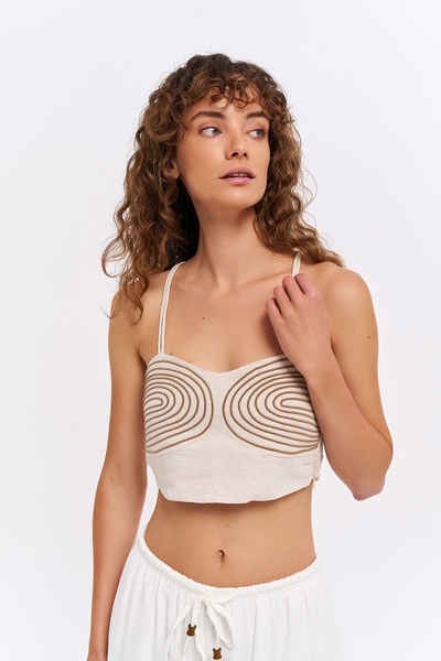 Quzu Sırtı Çapraz Bağlama Detaylı Keten Bluz Naturel