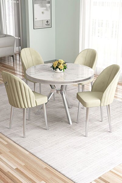 Canisa Mos Serisi 90x90 Lak Panel Beyaz Mermer Desen Krom Ayaklı Mutfak Masas...