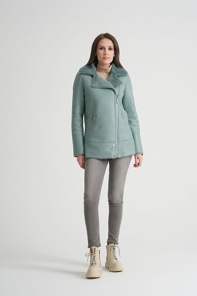 By Marki Marki Light Blue Genuine Leather Coat - Soft Fur Collar, Fur Inside, 73 Cm, Modern Fit Cut - 114322