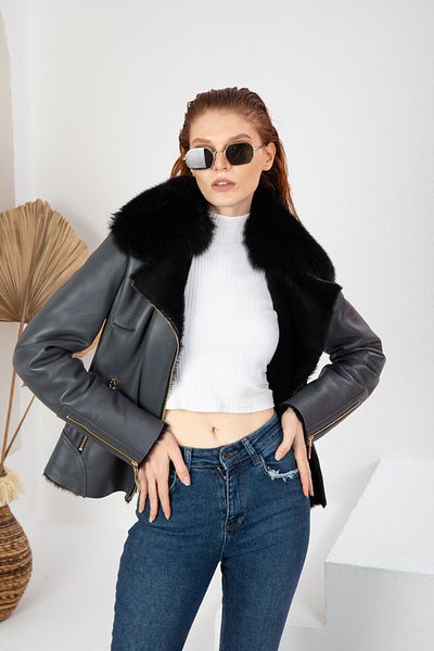 By Marki Marki Black Anthracite Fur Leather Jacket - Women's Collared Leather Jacket 113522