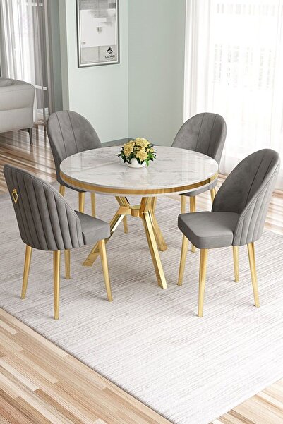 Canisa Mos Serisi 90x90 Lak Panel Beyaz Mermer Desen Gold Kaplama Mutfak Masası Takımı Ve 4 Gri Sandalye