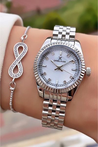 Daniel Klein Silver Color Waterproof Small Case Women's Wristwatch - Bracelet Gift