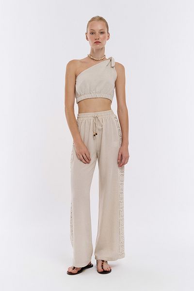 Quzu Natural Linen Trousers - Openwork Detail on the Edge