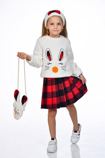 Kamex Red Black Girl's Set - Plush Plaid Skirt, Bag and Bandana Accessory