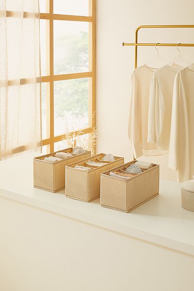 Ocean Home Textile Σετ οργάνωσης ντουλάπας 3 τεμαχίων με 6 διαμερίσματα μπεζ συρταριέρα Organizer κουτί αποθήκευσης