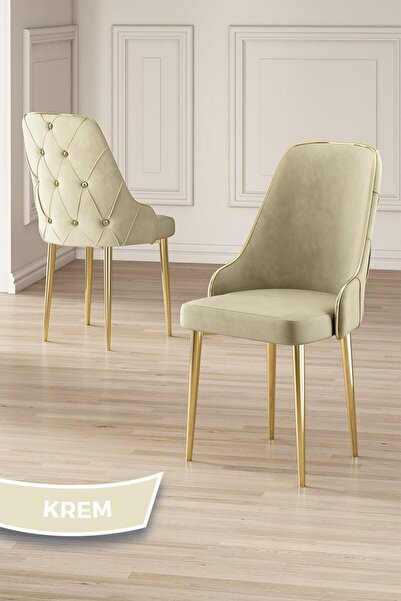 Canisa Vae Serisi 90x160 Lak Panel Beyaz Mermer Desen Gold Ayak Masa Takımı 6 Krem Sandalye