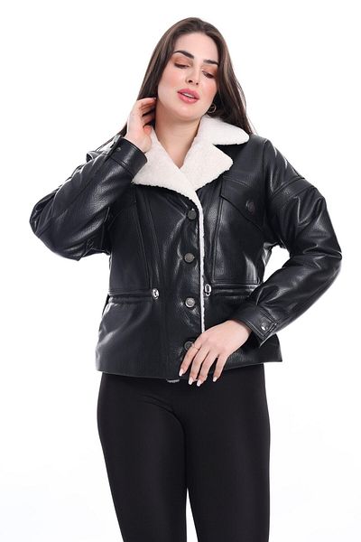 By Marki Marki Black Puffer Short Coat with White Fur Collar - Stylish and Hot Design, Women'S, Leather - 111422