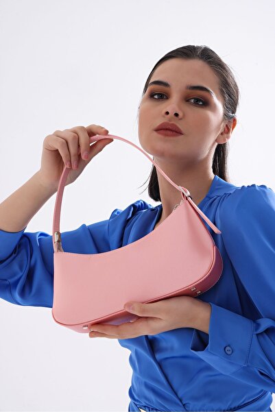 Paksoy حقيبة يد نسائية من الساتان الوردي الفاتح على شكل باجيت