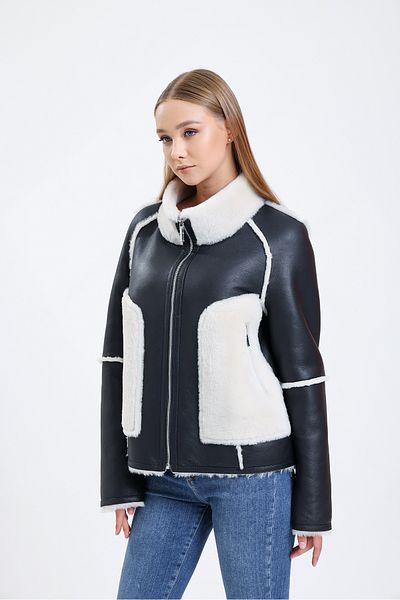 By Marki Marki Black Leather Jacket with White Fur - Stand Collar, Fur Inside - 111622