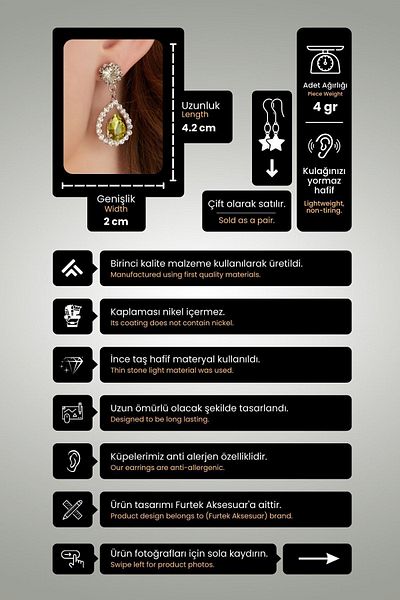 Furtek Aksesuar Women's Radiante Yellow Model Zircon Stone Silver Evening Dress Dangle Wedding Engagement Party Prom Daily Earrings