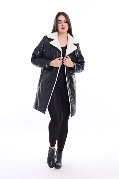 By Marki Marki Black Leather Coat - Fur Collar, Long Inflatable, 90 cm Length, Stylish - 111522