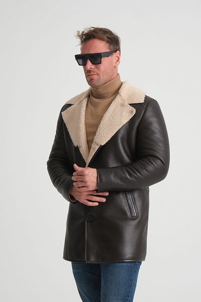 By Marki Marki Genuine Leather Men's Coat - Curly Fur Detail, 90 Cm, Button Closure, Winter Coat - 500822